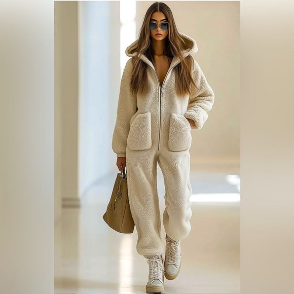 Cozy Cream Hooded Jumpsuit - Picture 1 of 5